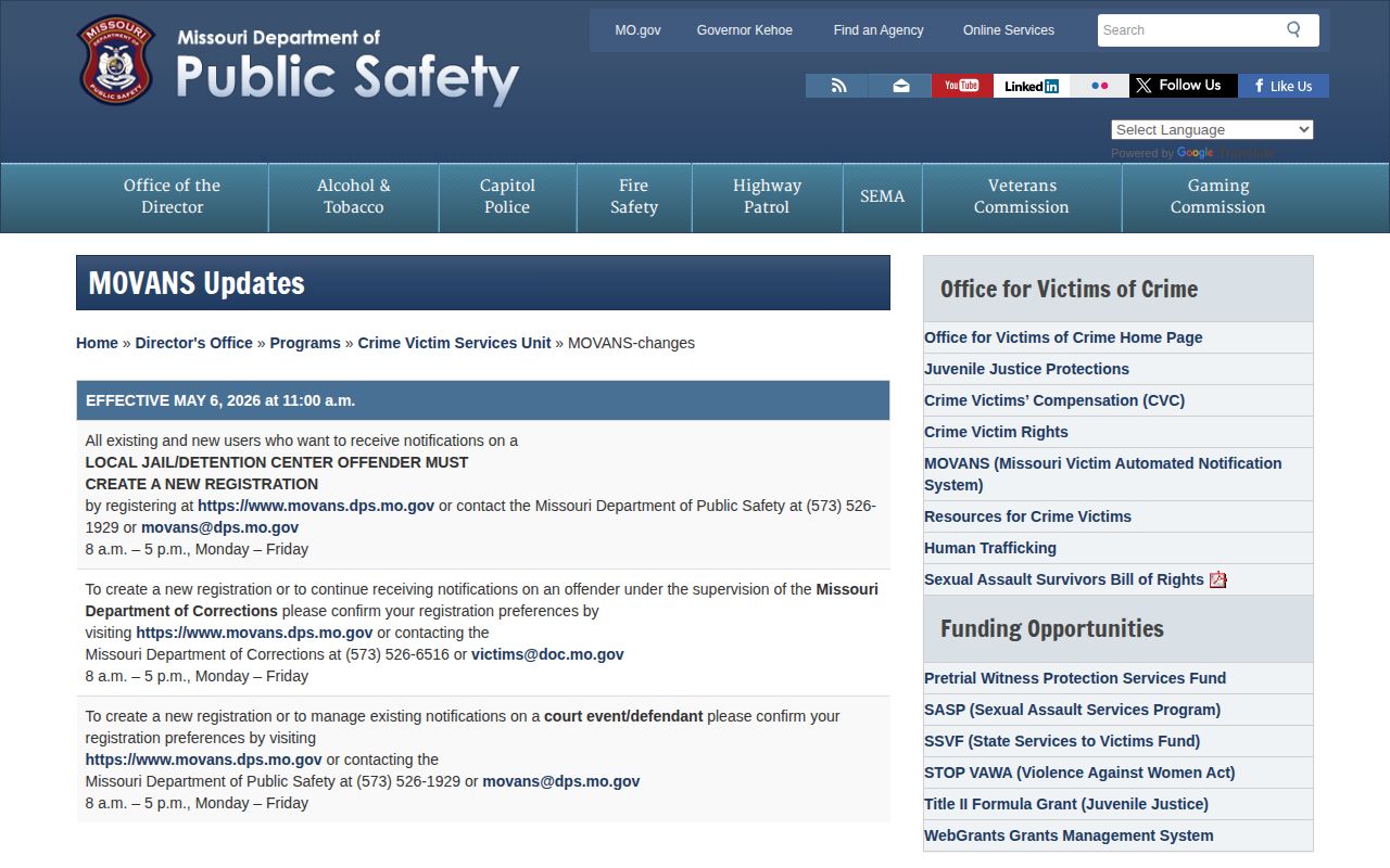 Missouri MOVANS 2026 local jail re-registration notice