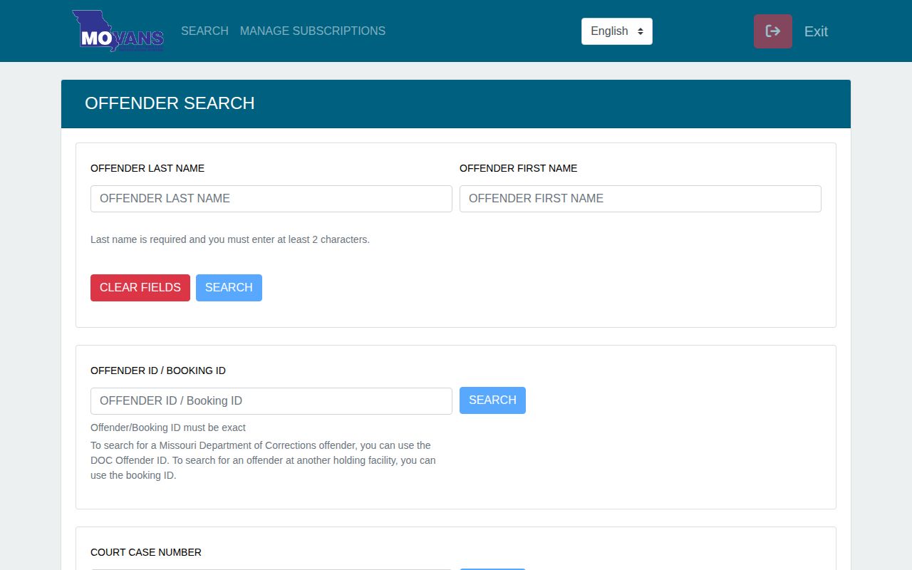Missouri MOVANS search showing participating county custody providers