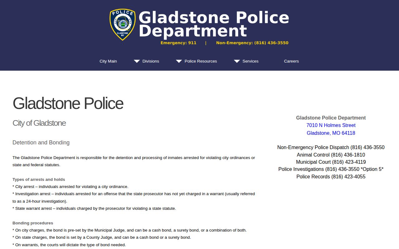 Gladstone municipal arrest and Clay County detention bonding instructions
