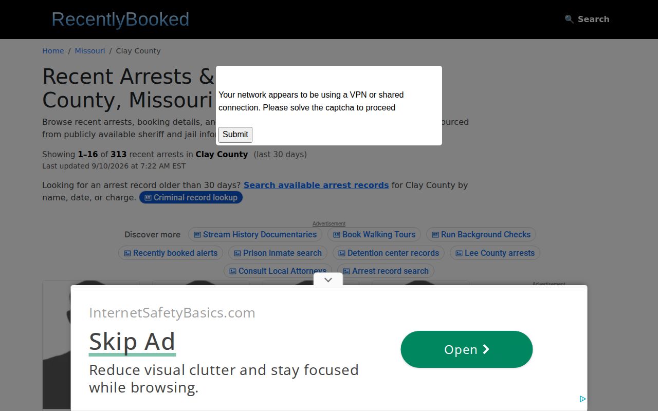Unofficial Clay County recent arrest index interface